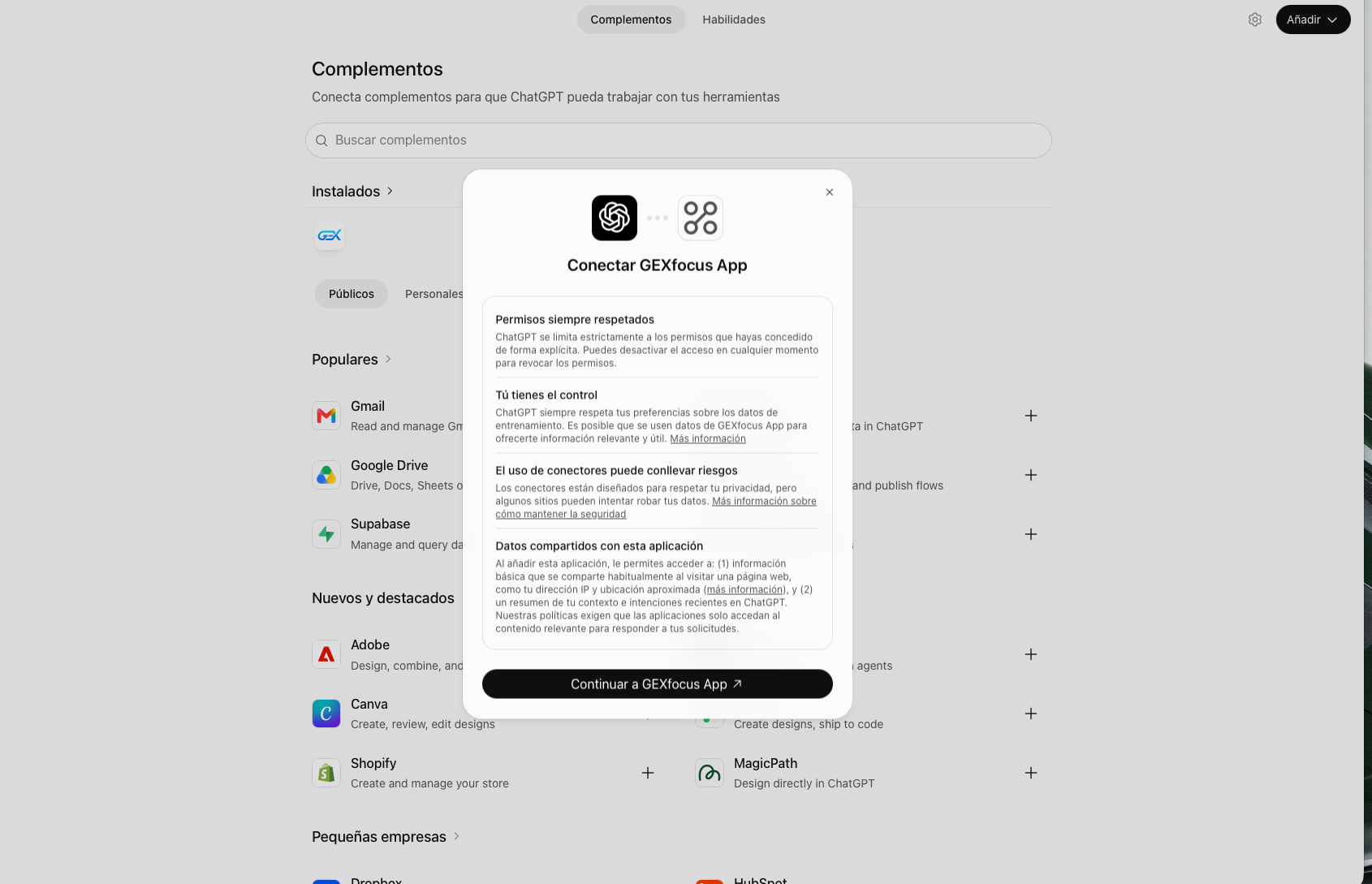 Step 3 — Authorize the GEXfocus connection in ChatGPT