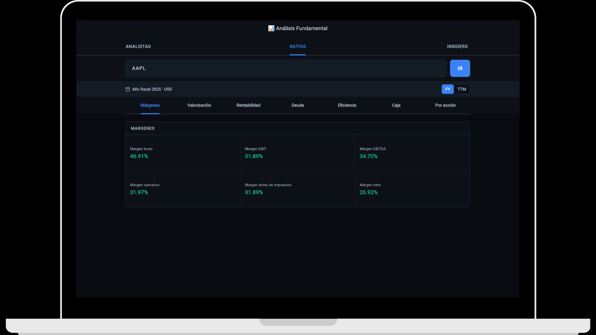 GEXfocus — Ratios financieros y márgenes para AAPL: margen bruto, EBIT, EBITDA, neto