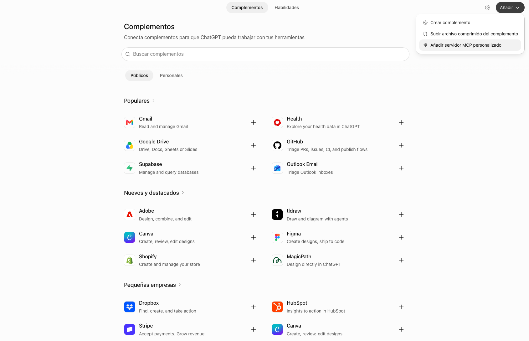 Paso 1 — Abrir el menú Añadir y seleccionar Agregar servidor MCP personalizado en ChatGPT