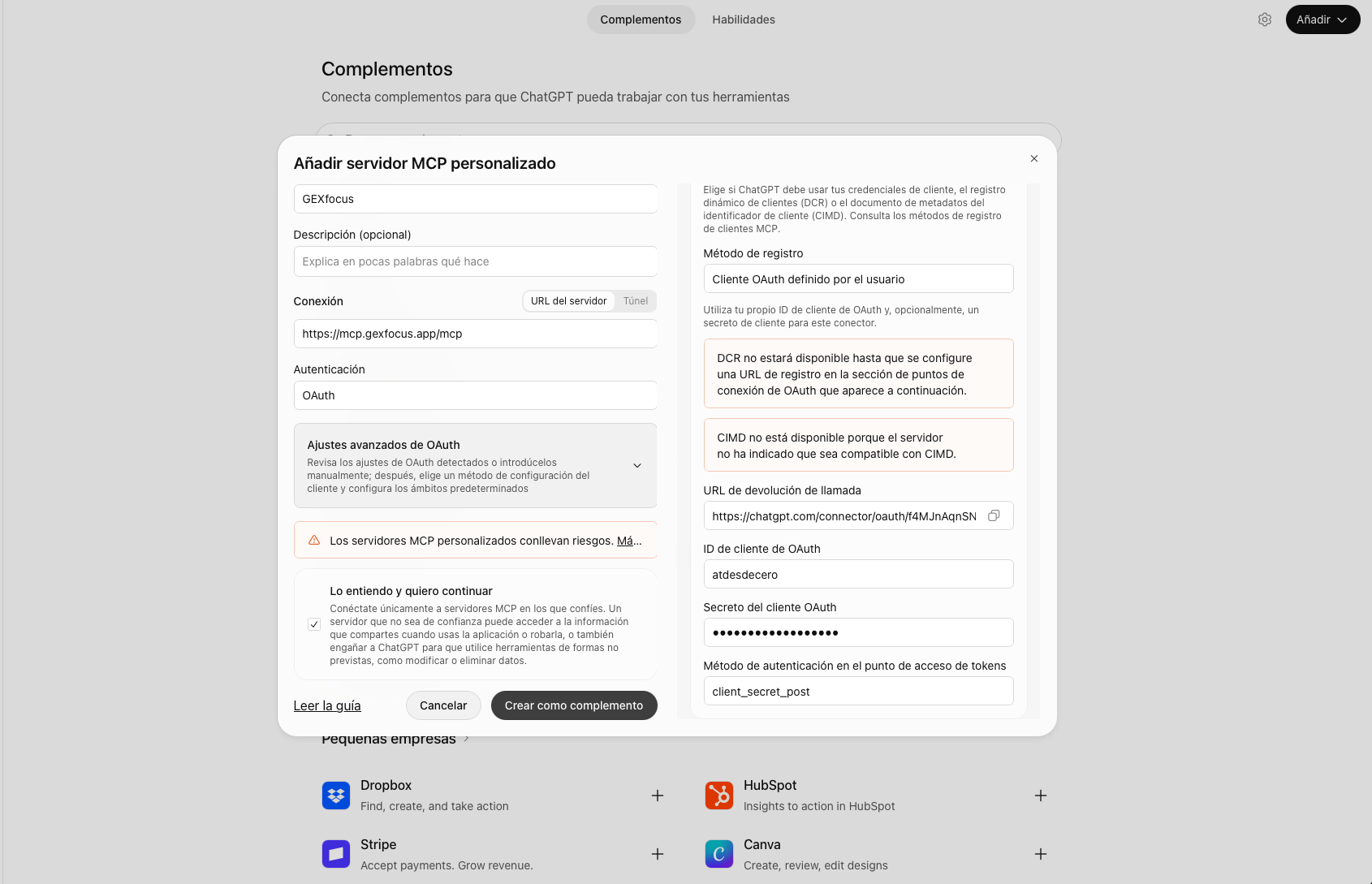 Paso 2 — Configurar la URL de GEXfocus y abrir Ajustes avanzados de OAuth en ChatGPT