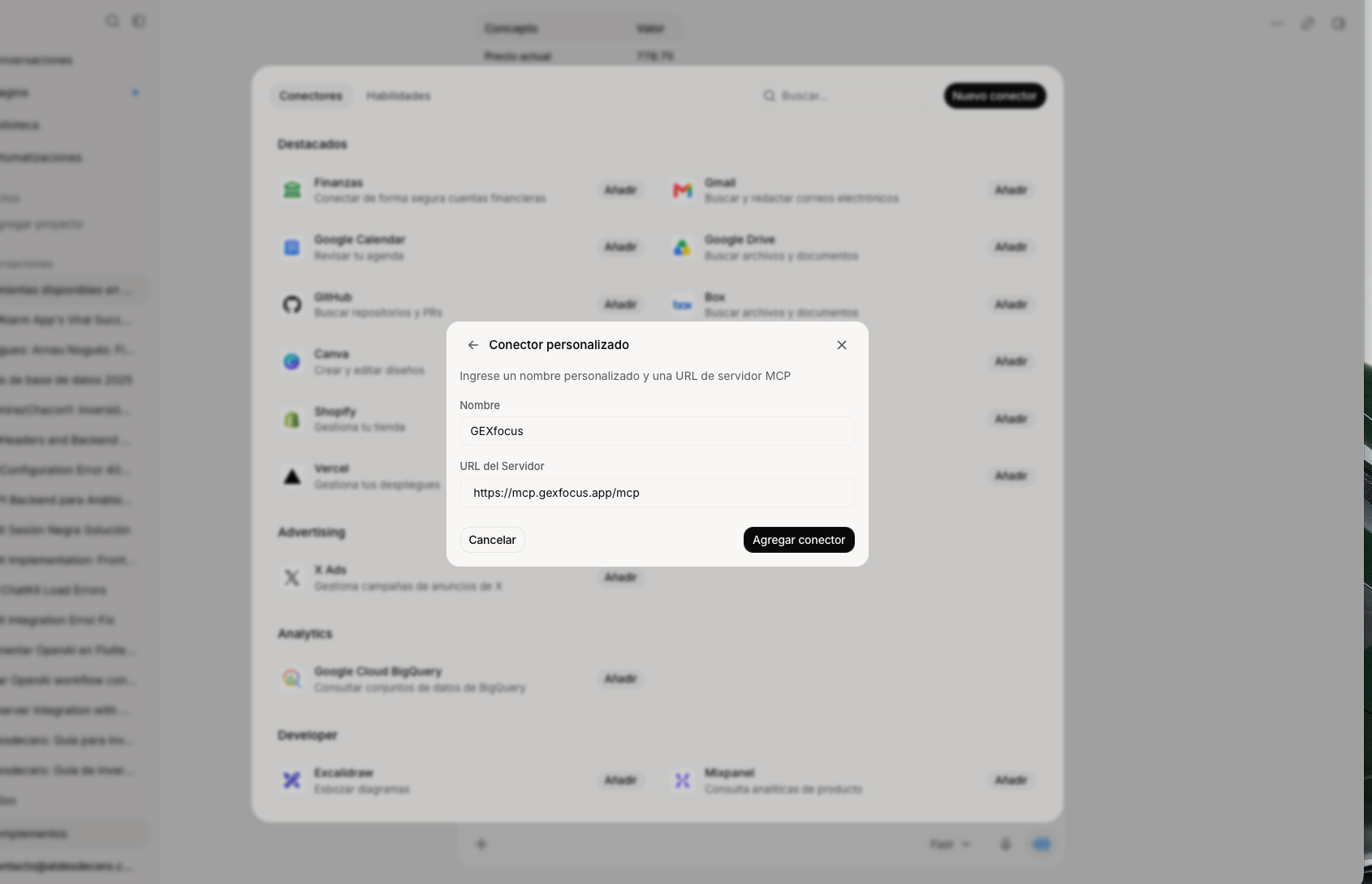 Paso 1 — Agregar un conector personalizado de GEXfocus en Grok