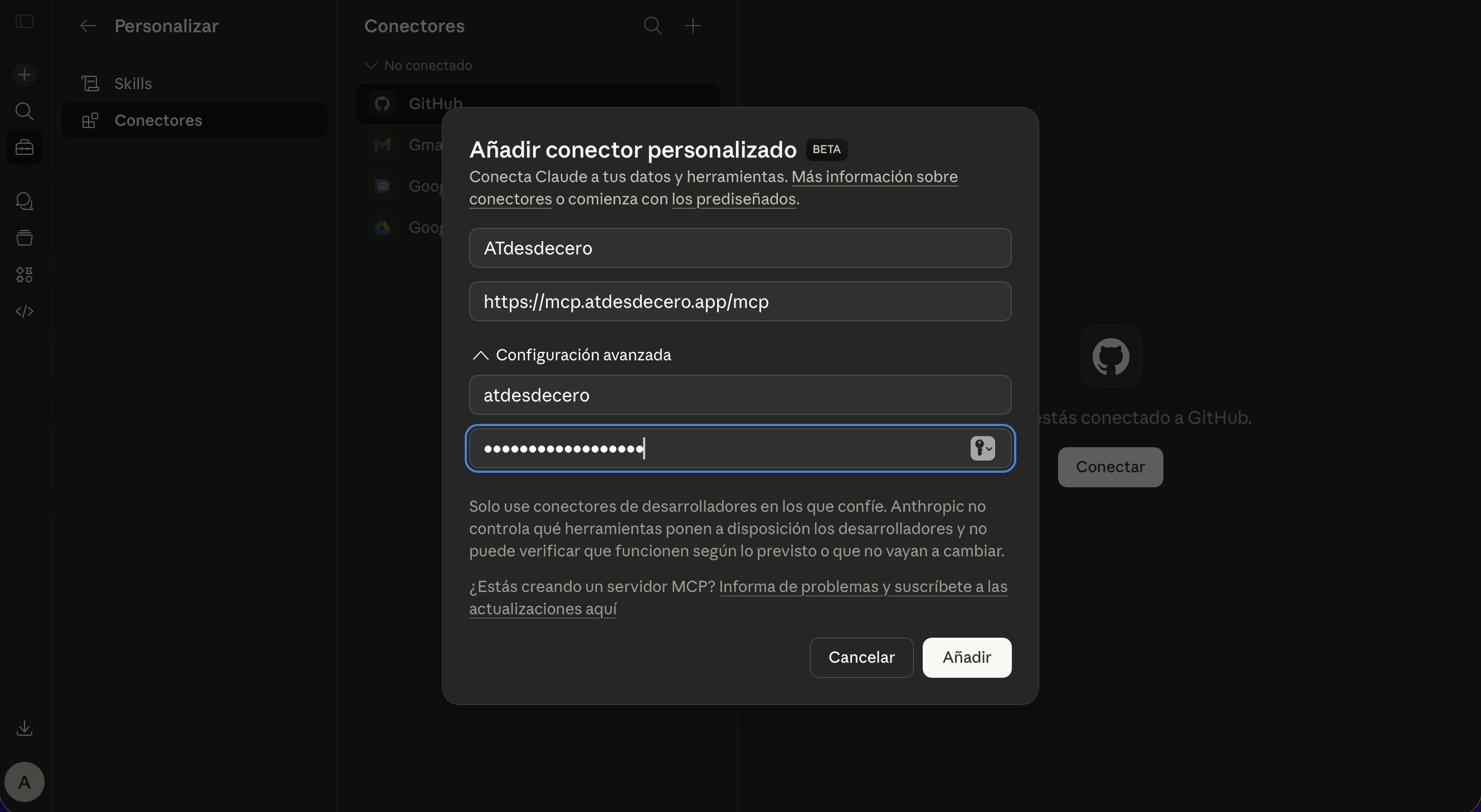 Paso 2 — Ingresar credenciales MCP de GEXfocus en Claude